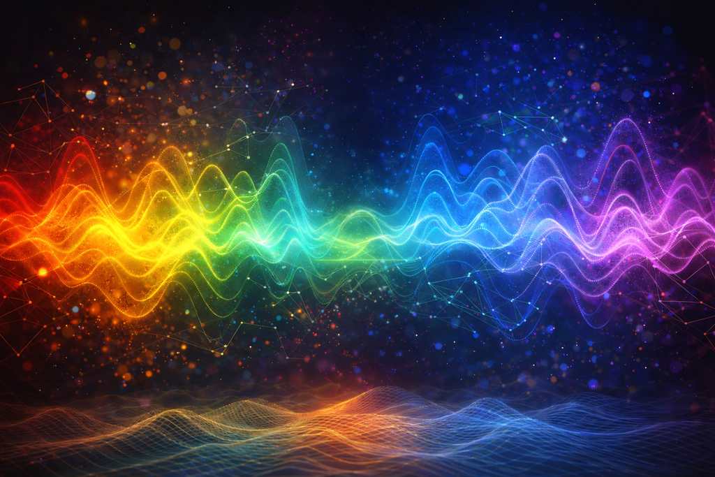 Illustration of a sound wave shifting through the colours of the spectrum